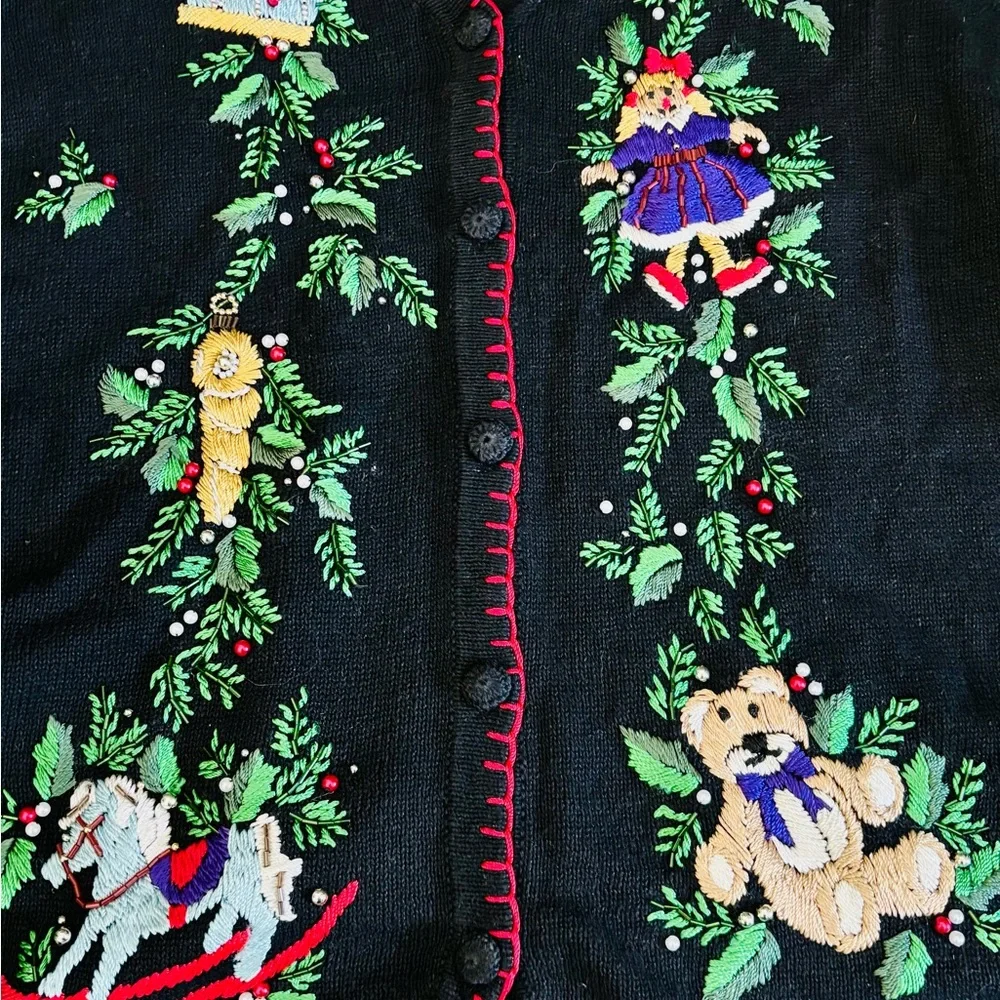 Victoria Jones Woman Sz 3x Black Cardigan Vest with Embroidered Holiday Design